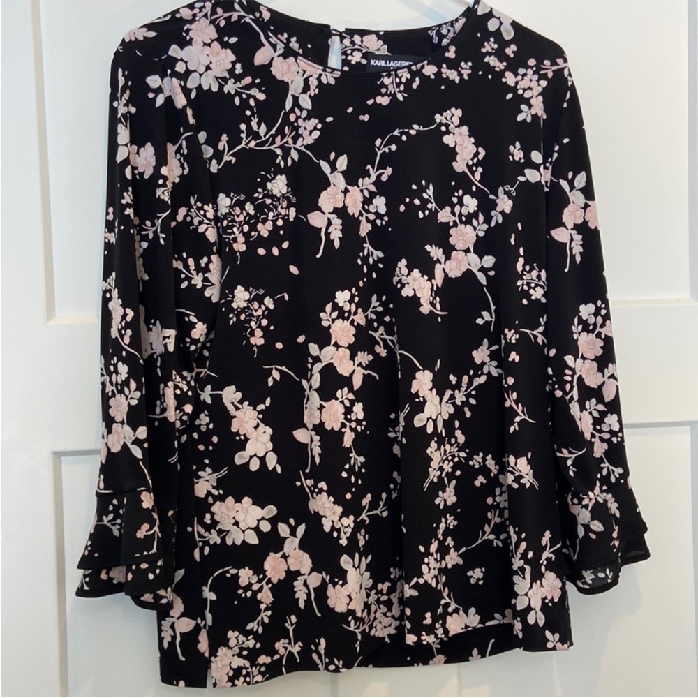 Karl lagerfield black floral 3/4 sleeve stretch blouse top- EUC